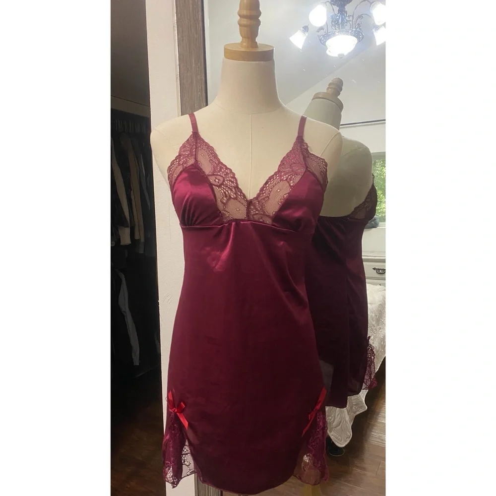 SHEIN | Satin Lace Bow Babydoll Slip G-String Lingerie Set Maroon S
